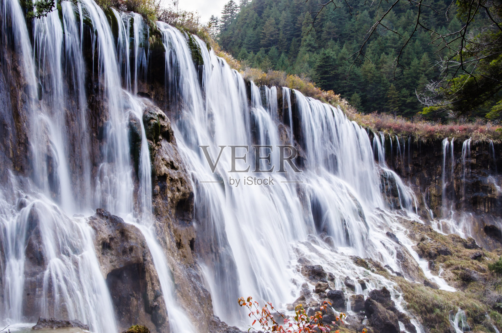 中国九寨沟国家公园的森林瀑布。照片摄影图片