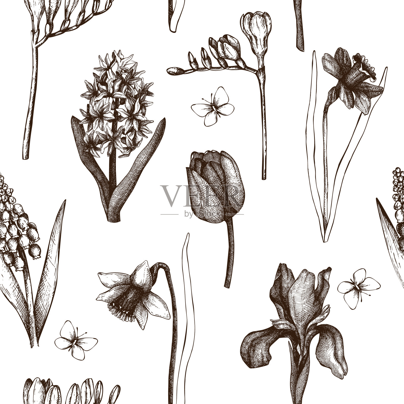 矢量框架设计与手绘春花素描插画图片素材