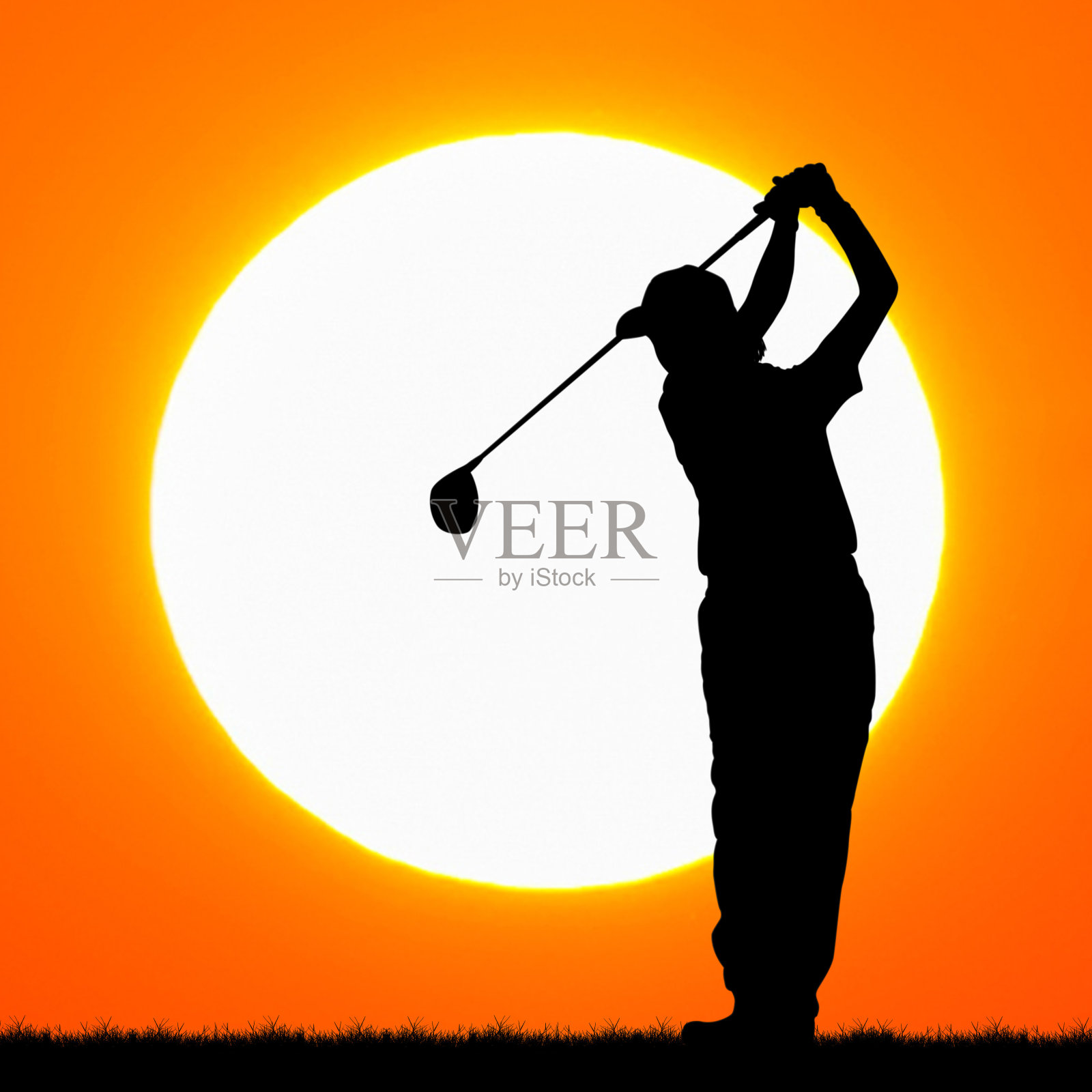 剪影高尔夫球手与日落的背景照片摄影图片