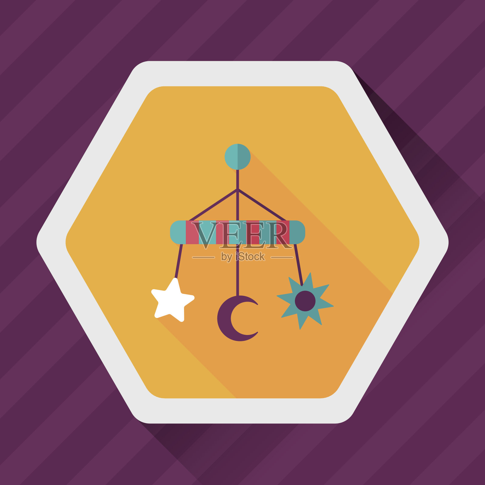 婴儿床上悬挂玩具平面图标与长影子插画图片素材