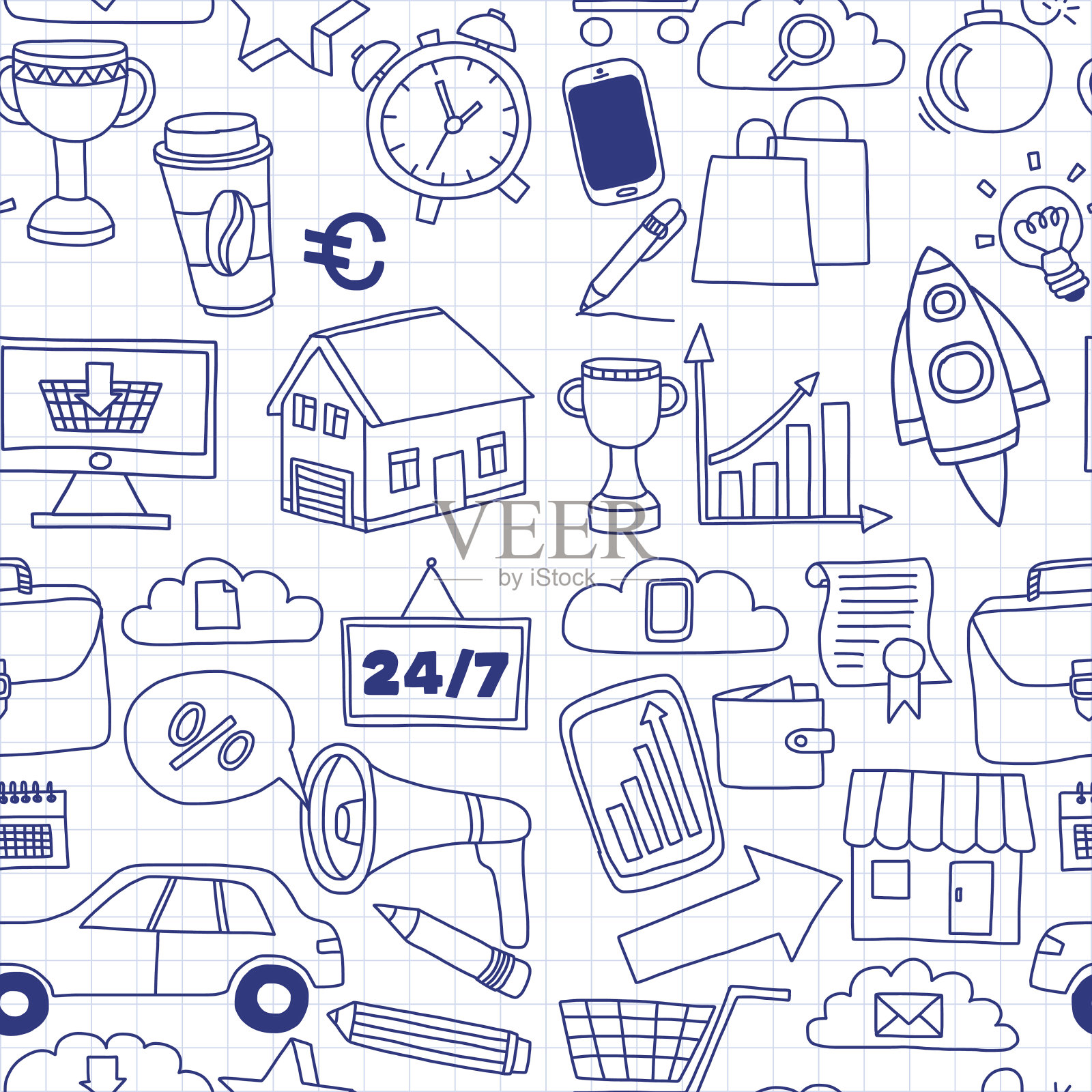 Doodle矢量无缝模式与业务元素插画图片素材