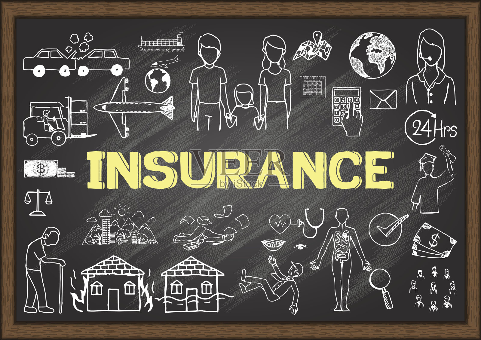 关于保险的涂鸦在黑板上。插画图片素材