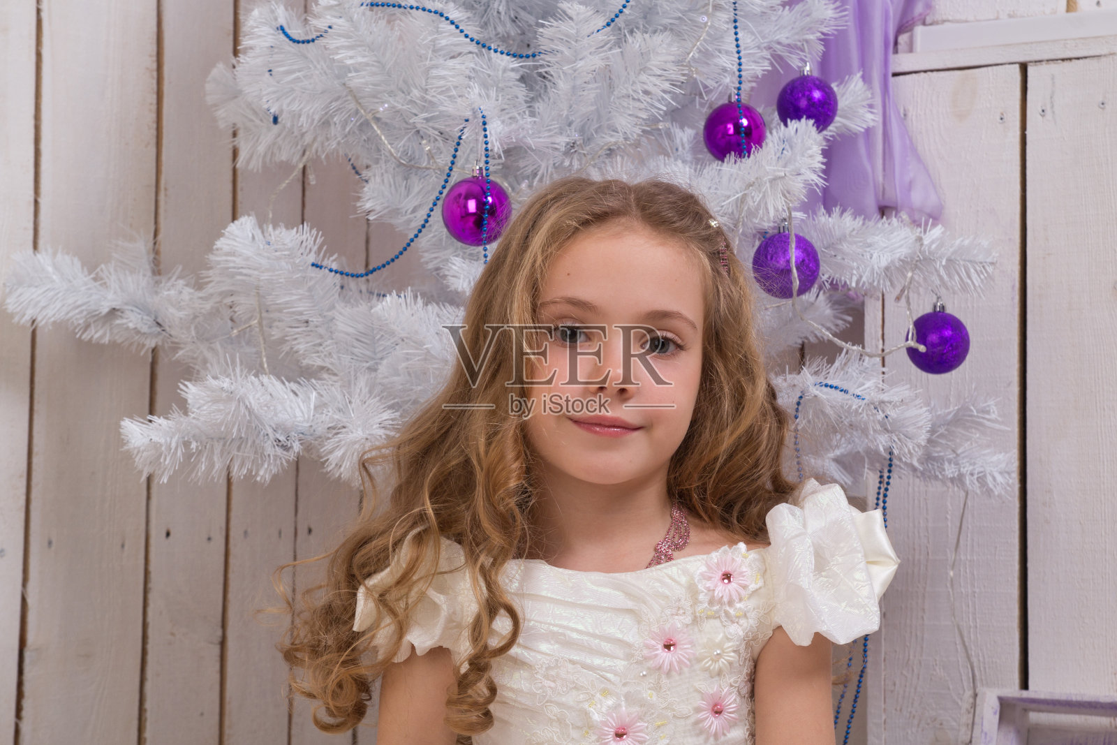 小女孩在冷杉树上照片摄影图片