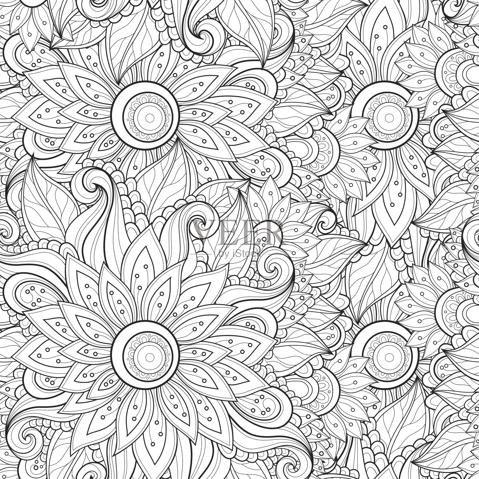 矢量无缝单色花卉图案插画图片素材