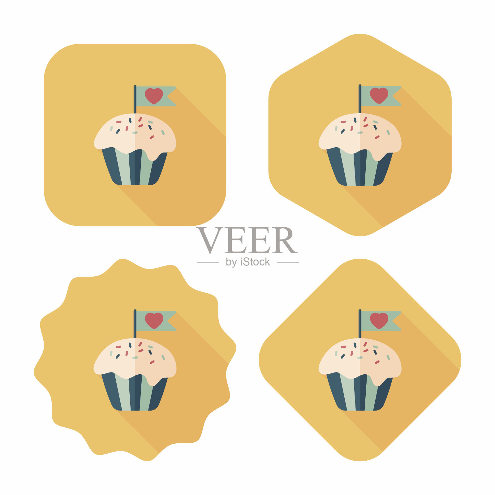 情人节纸杯蛋糕上有长长的阴影的扁平图标图标素材