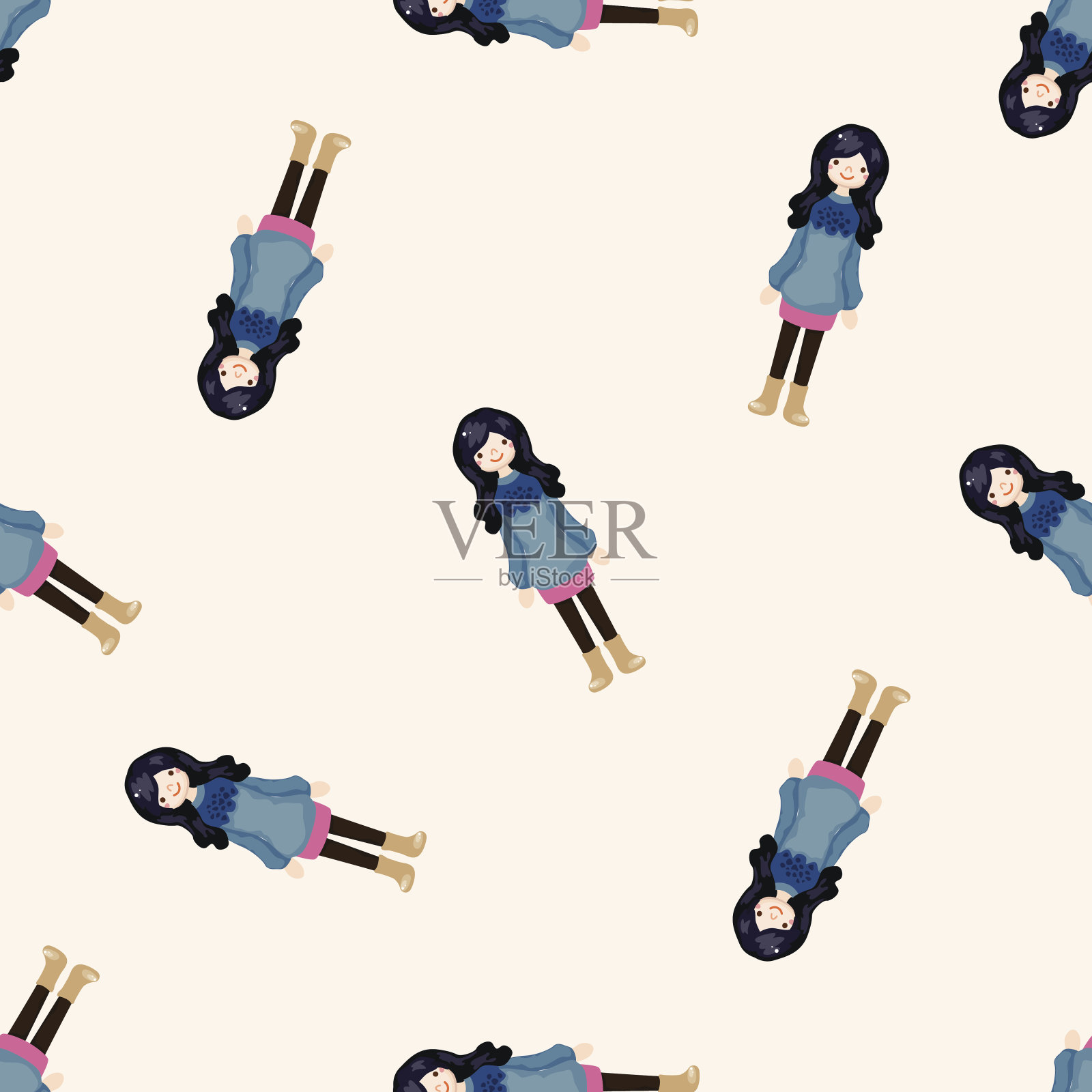 女郎卡通女郎,卡通无缝图案背景插画图片素材