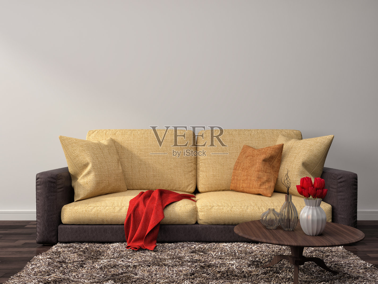 室内有棕色沙发。三维演示照片摄影图片