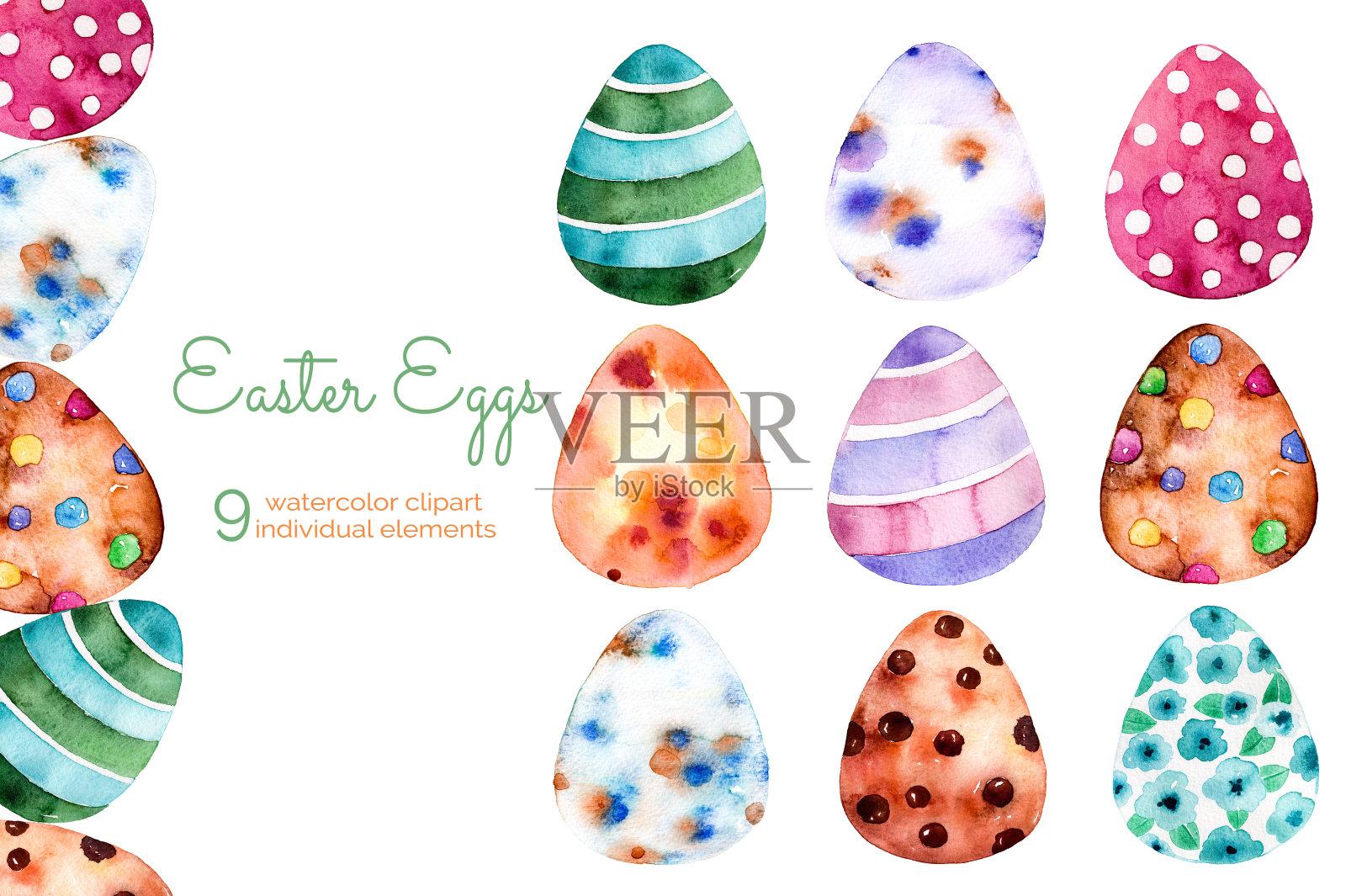 彩色复活节彩蛋剪贴画在白色背景上。9手绘元素插画图片素材