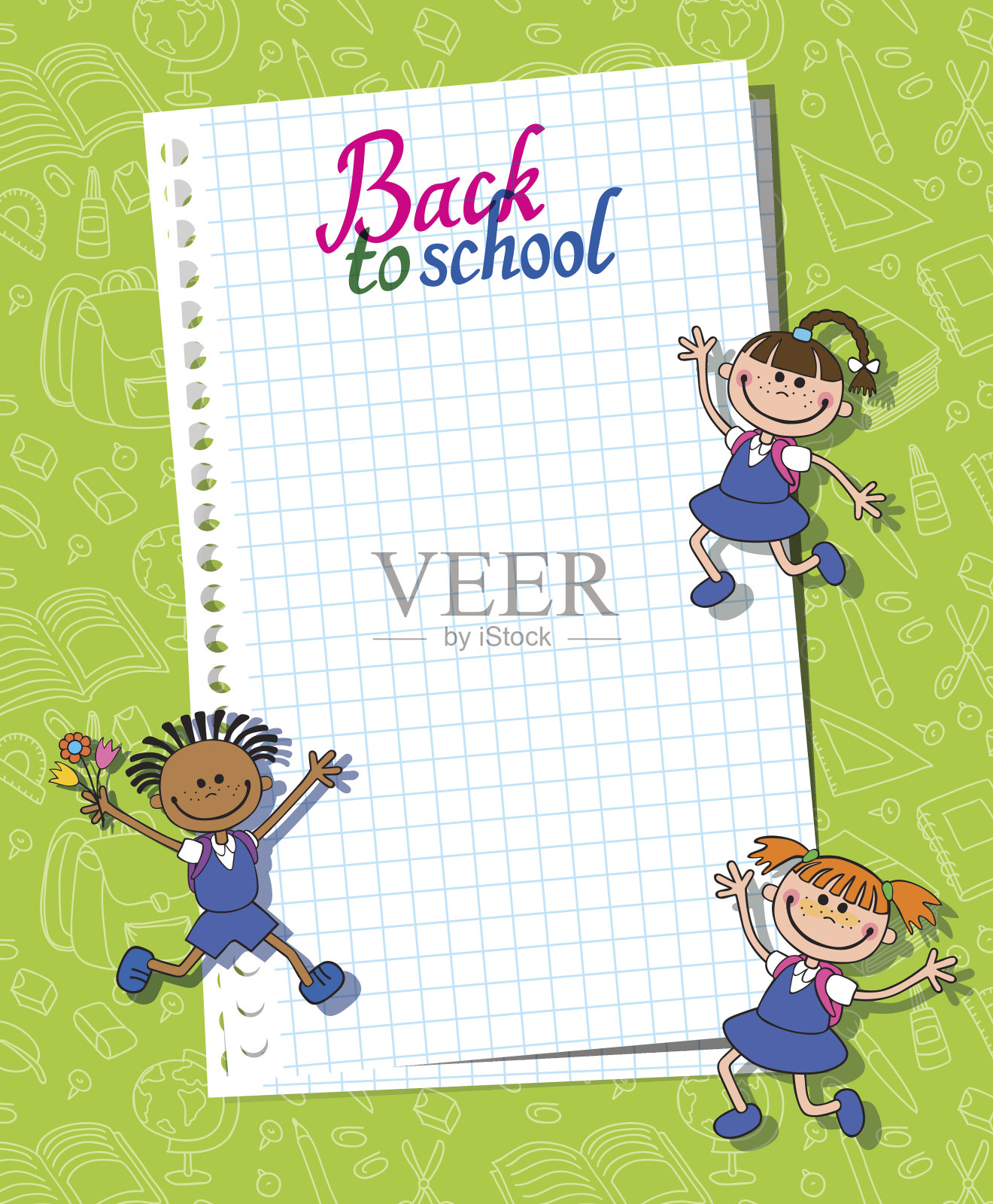 横幅返回学校,男孩女孩小学生字母标志向量插画图片素材