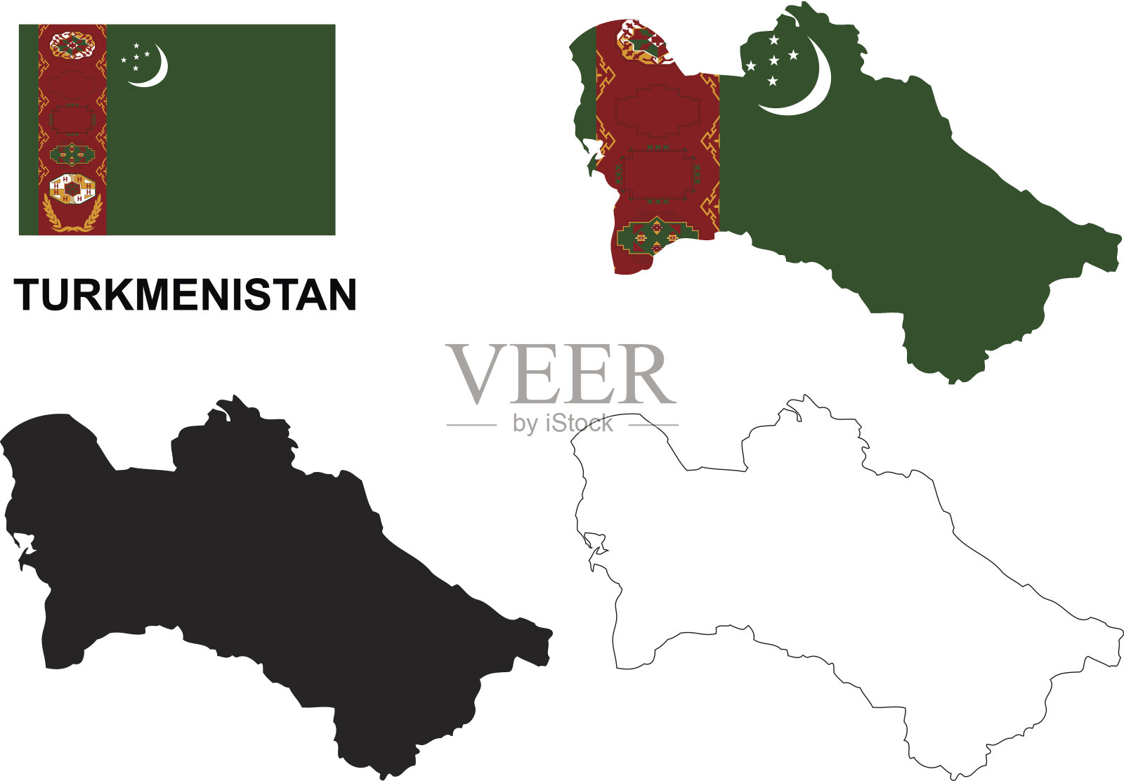 土库曼斯坦地图矢量,土库曼斯坦旗帜矢量,孤立的土库曼斯坦插画图片素材