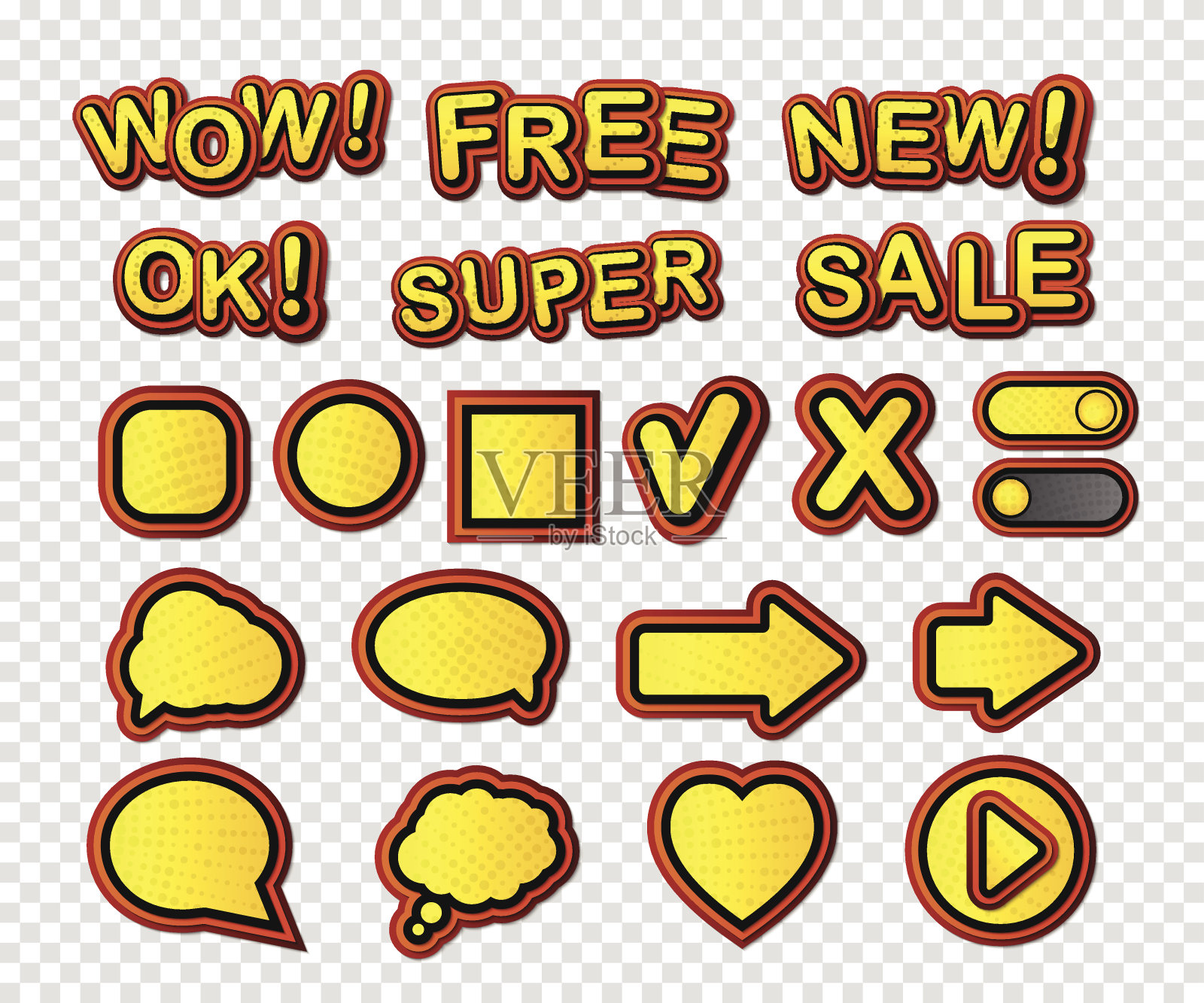 漫画标签和徽章。波普艺术风格。插画图片素材