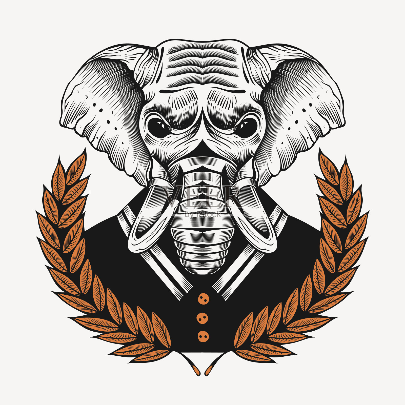 大象插图,以月桂树枝为框架插画图片素材