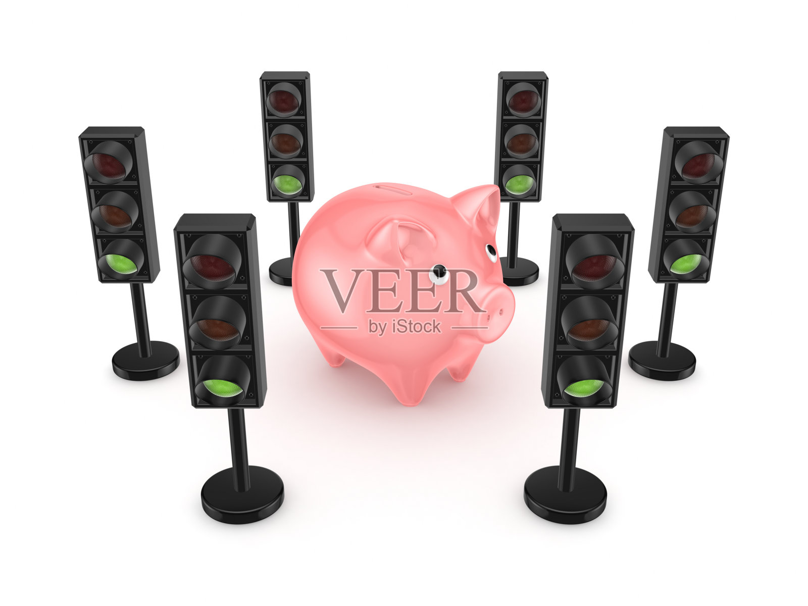 粉色储蓄罐周围的红绿灯。照片摄影图片