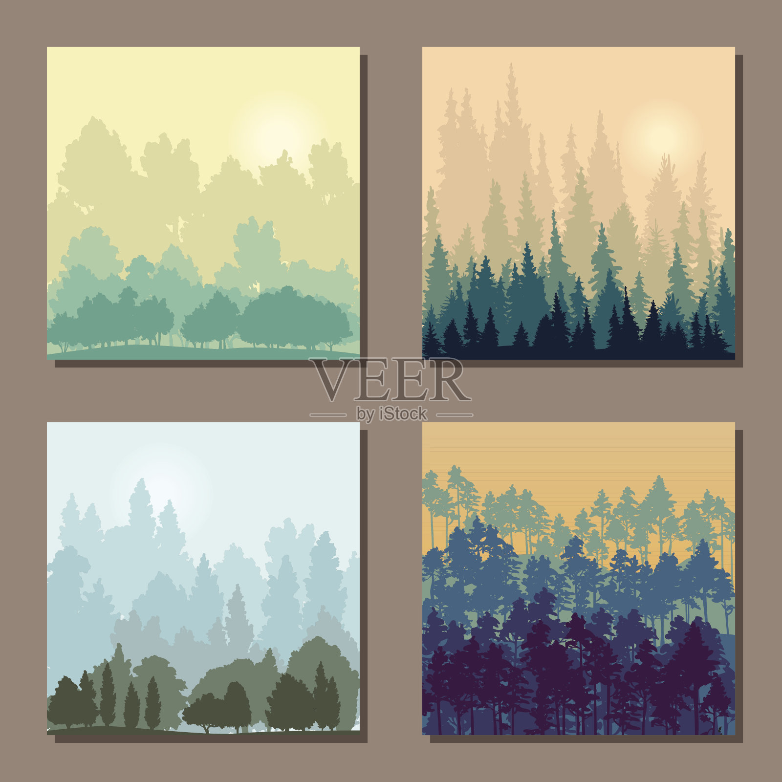 不同的风景与树木和升起的太阳插画图片素材