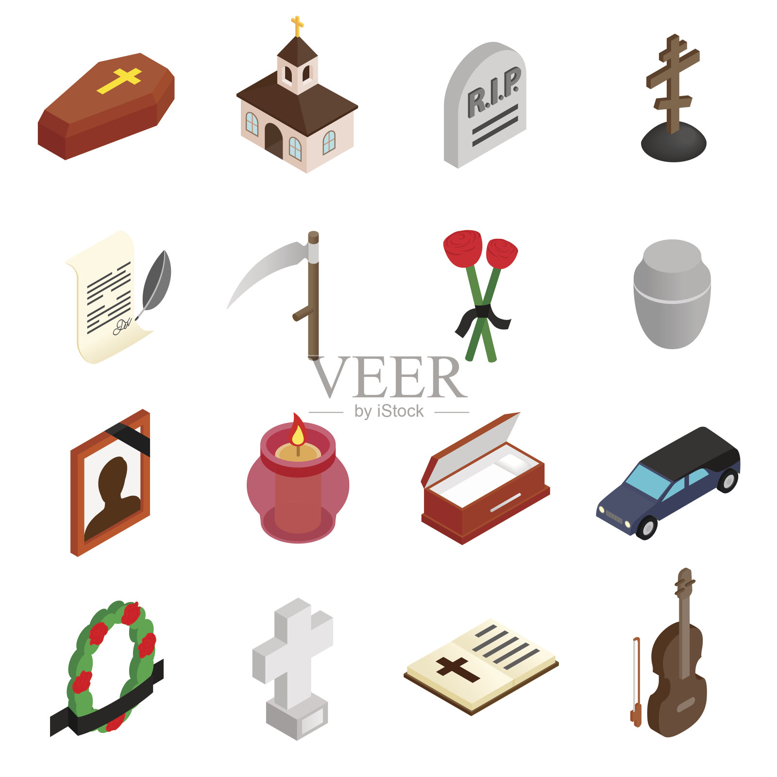 葬礼和葬礼等距3d图标图标素材