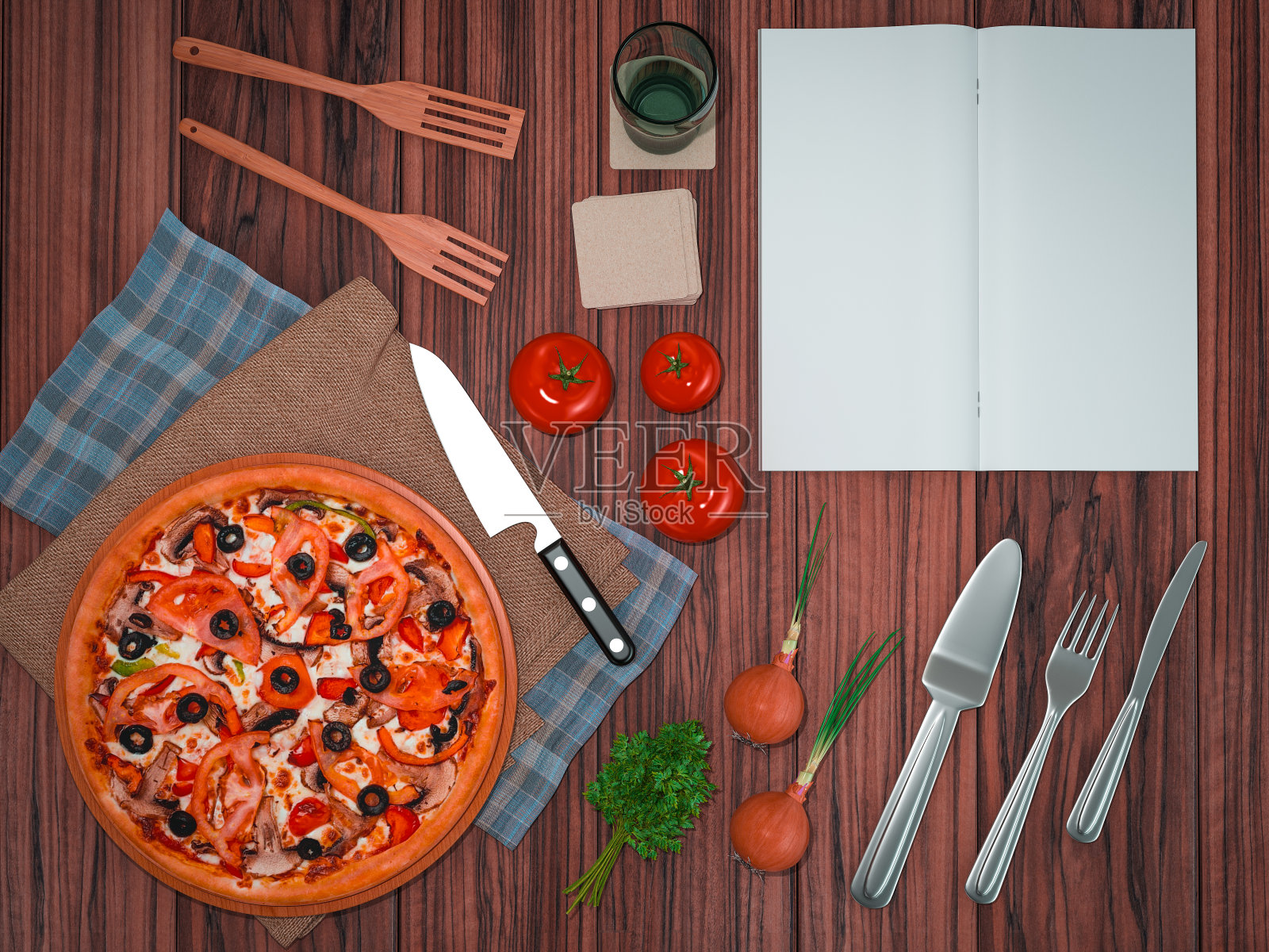 在木桌上模仿模板披萨。照片摄影图片