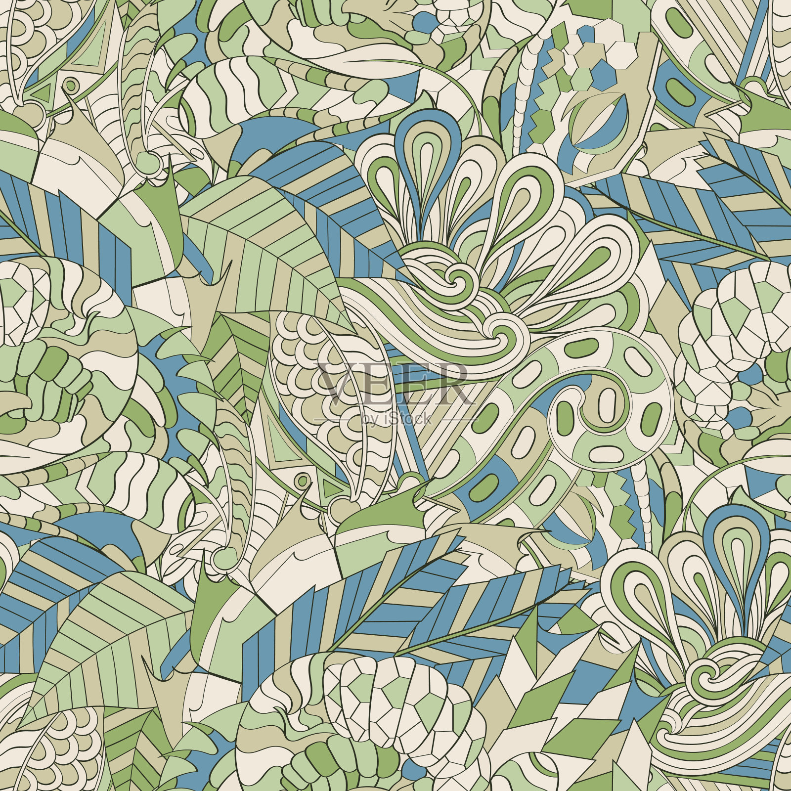 无缝模式。Mehendi设计。彩色涂鸦纹理。弯曲的涂鸦。向量。插画图片素材