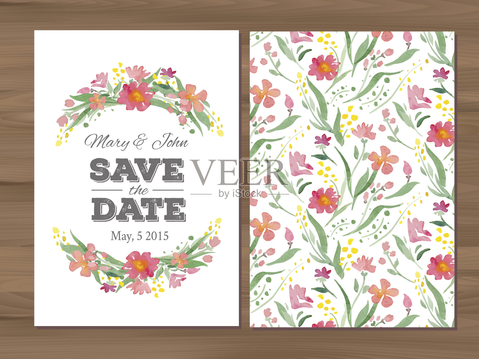 矢量婚礼邀请与水彩花和印刷设计模板素材