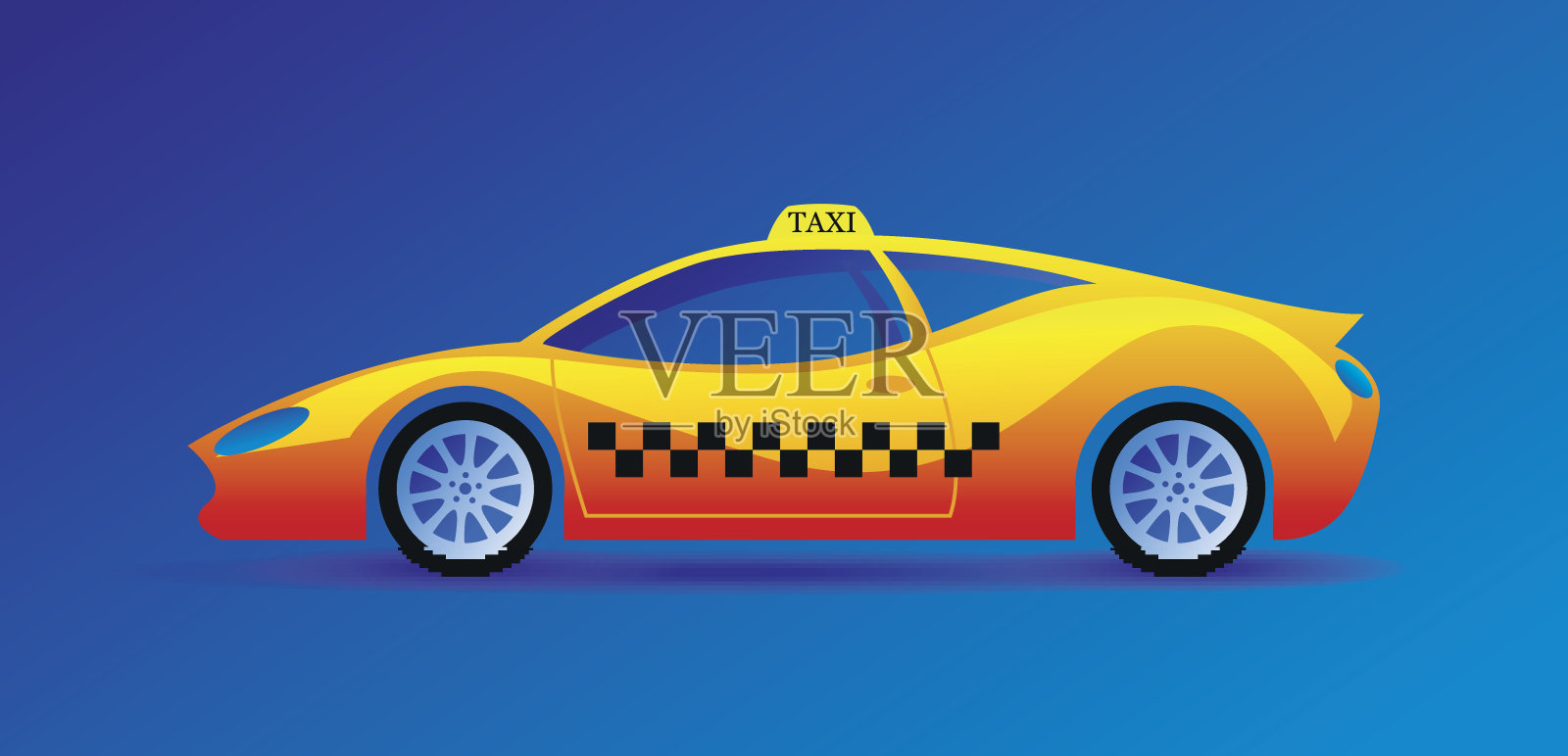 城市出租车。蓝色背景下的黄色汽车。插画图片素材