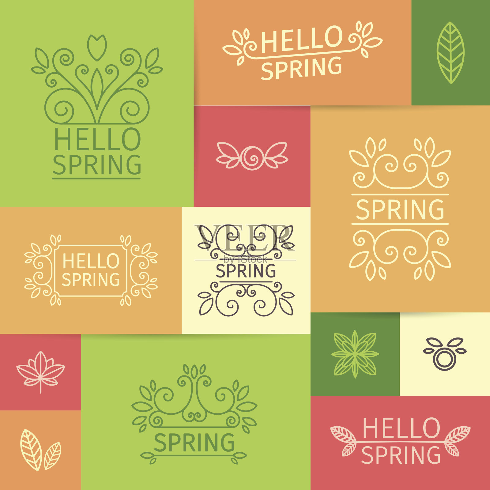 一套复古标志,标志你好春天与漩涡,树叶插画图片素材