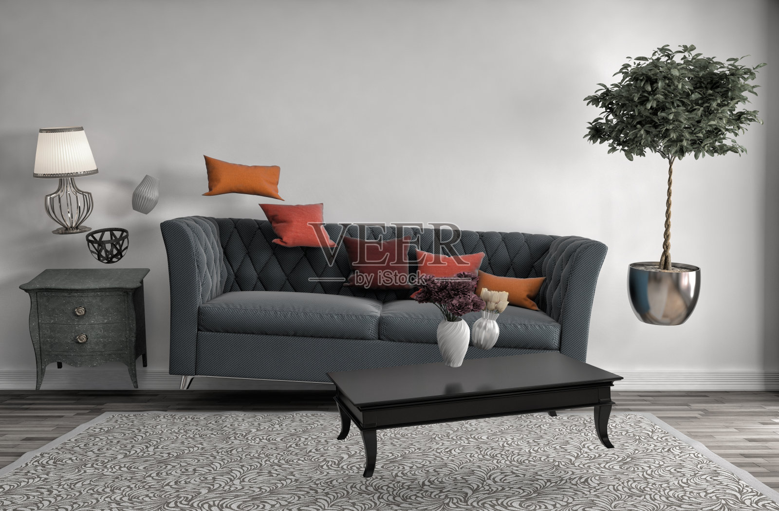 客厅里的零重力沙发。三维演示照片摄影图片