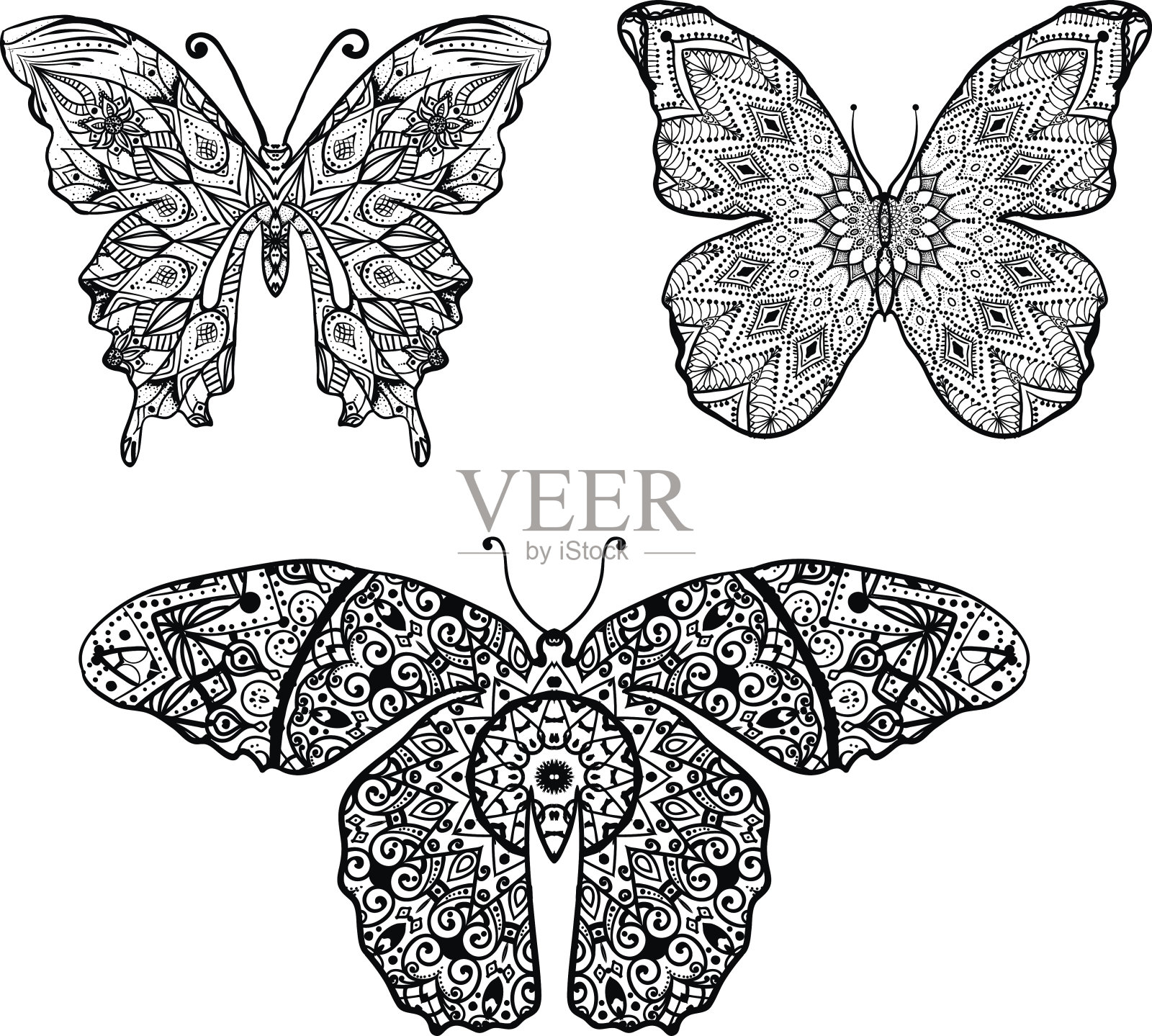 蝴蝶在曼荼罗装饰的背景。向量插画图片素材