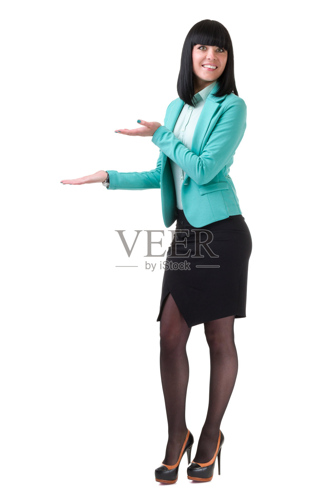 展示文案空间的商业女性。孤立在白色照片摄影图片