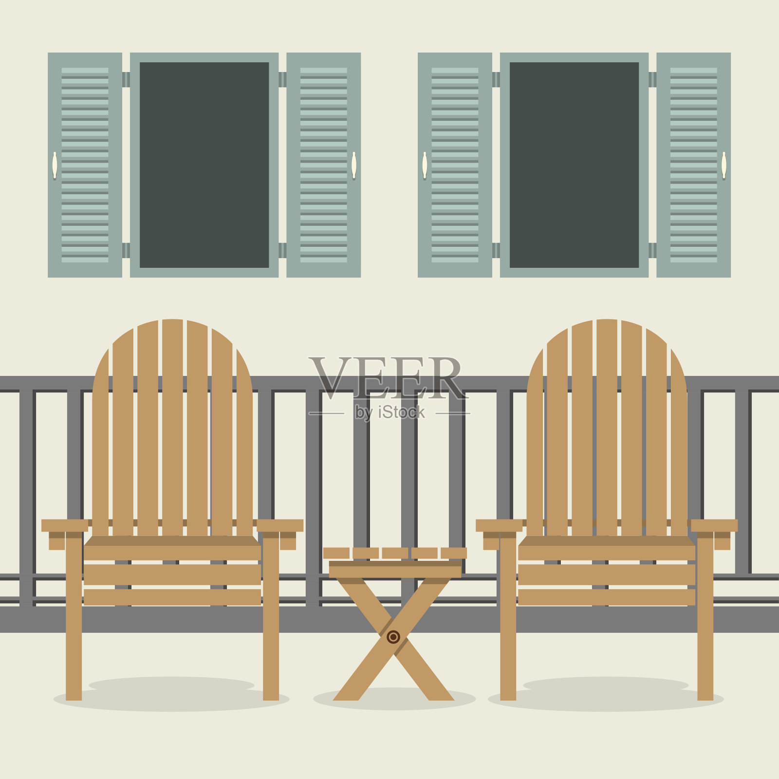 房子庭院花园椅子和打开的窗户插画图片素材