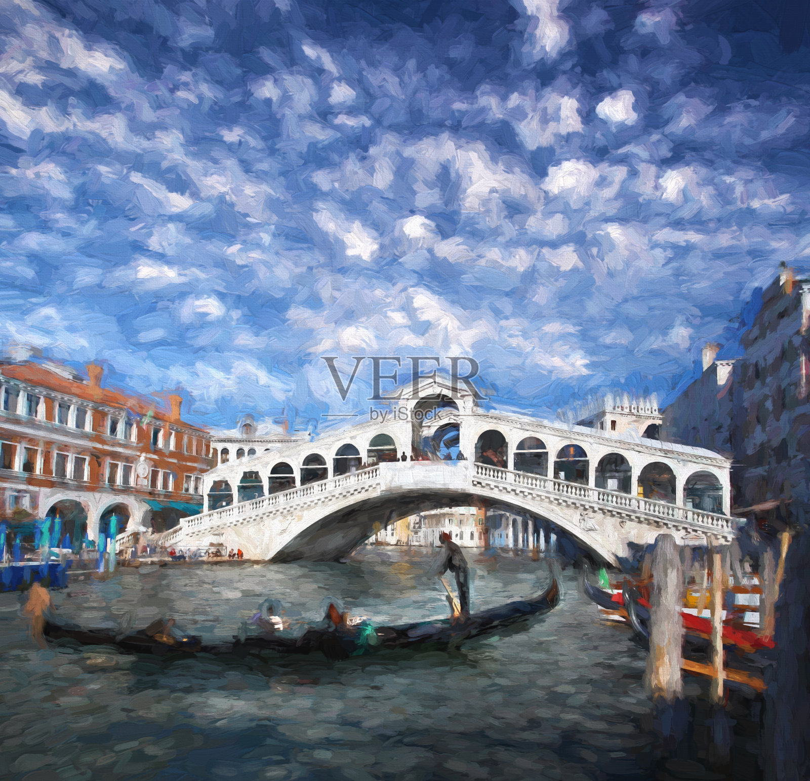 意大利威尼斯的贡多拉,油画插画图片素材