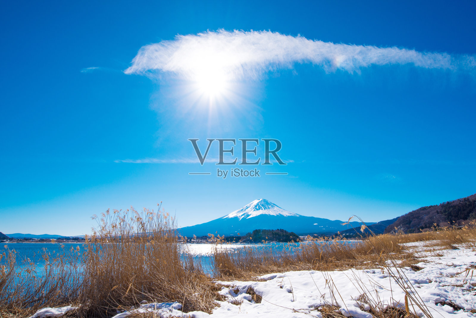 冬天从川口湖到富士山照片摄影图片