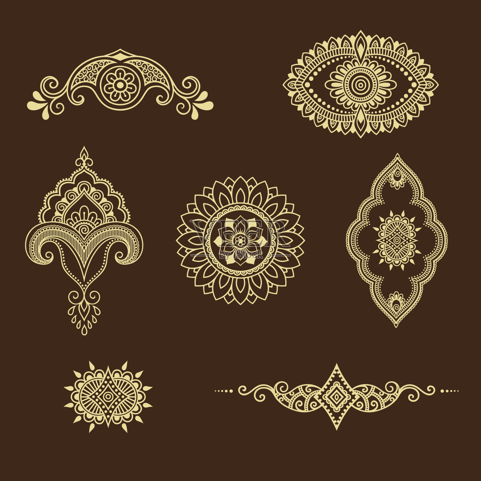 指甲花纹身模板。手绘风格。设置装饰东方风格。插画图片素材