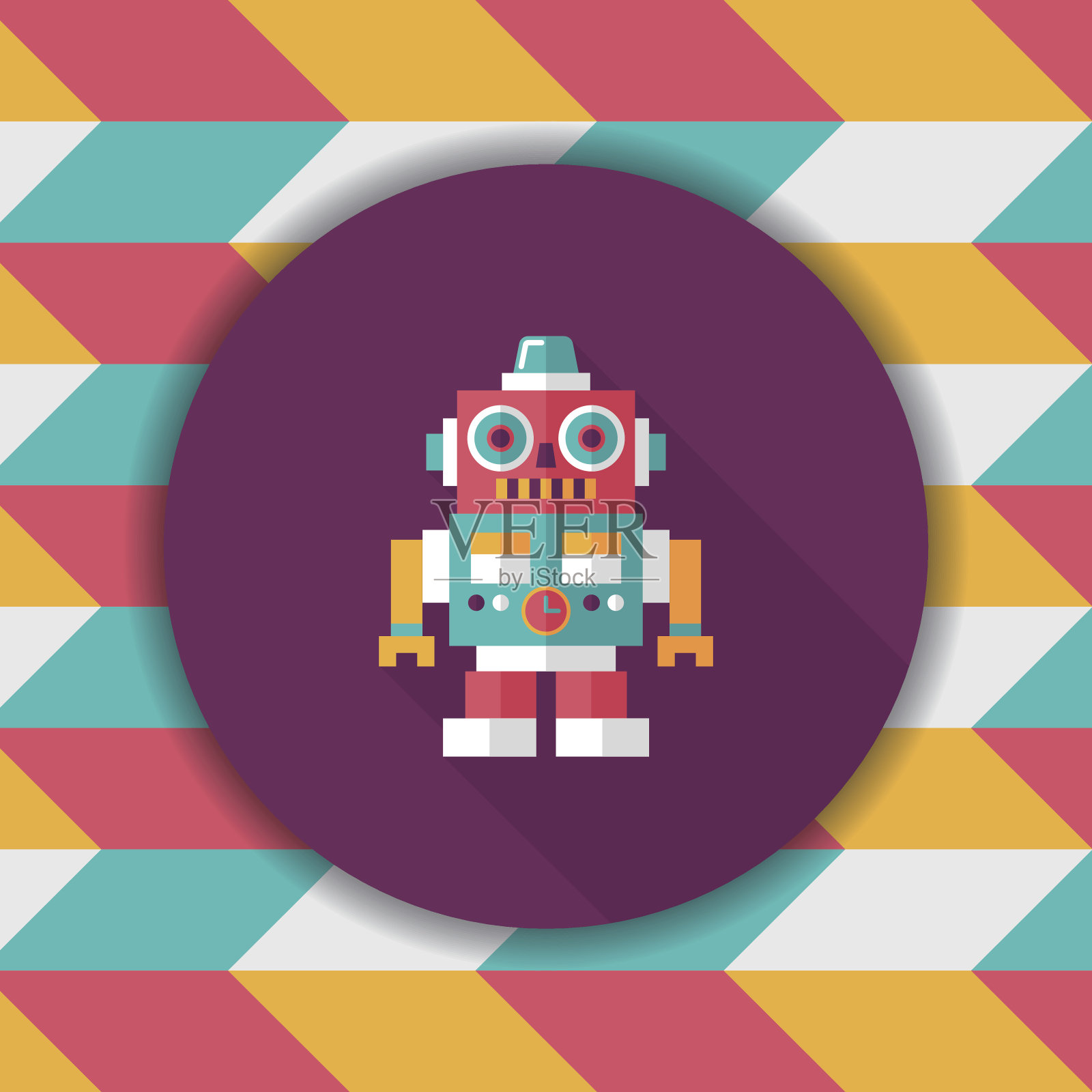 复古机器人平面图标与长影子,eps 10插画图片素材