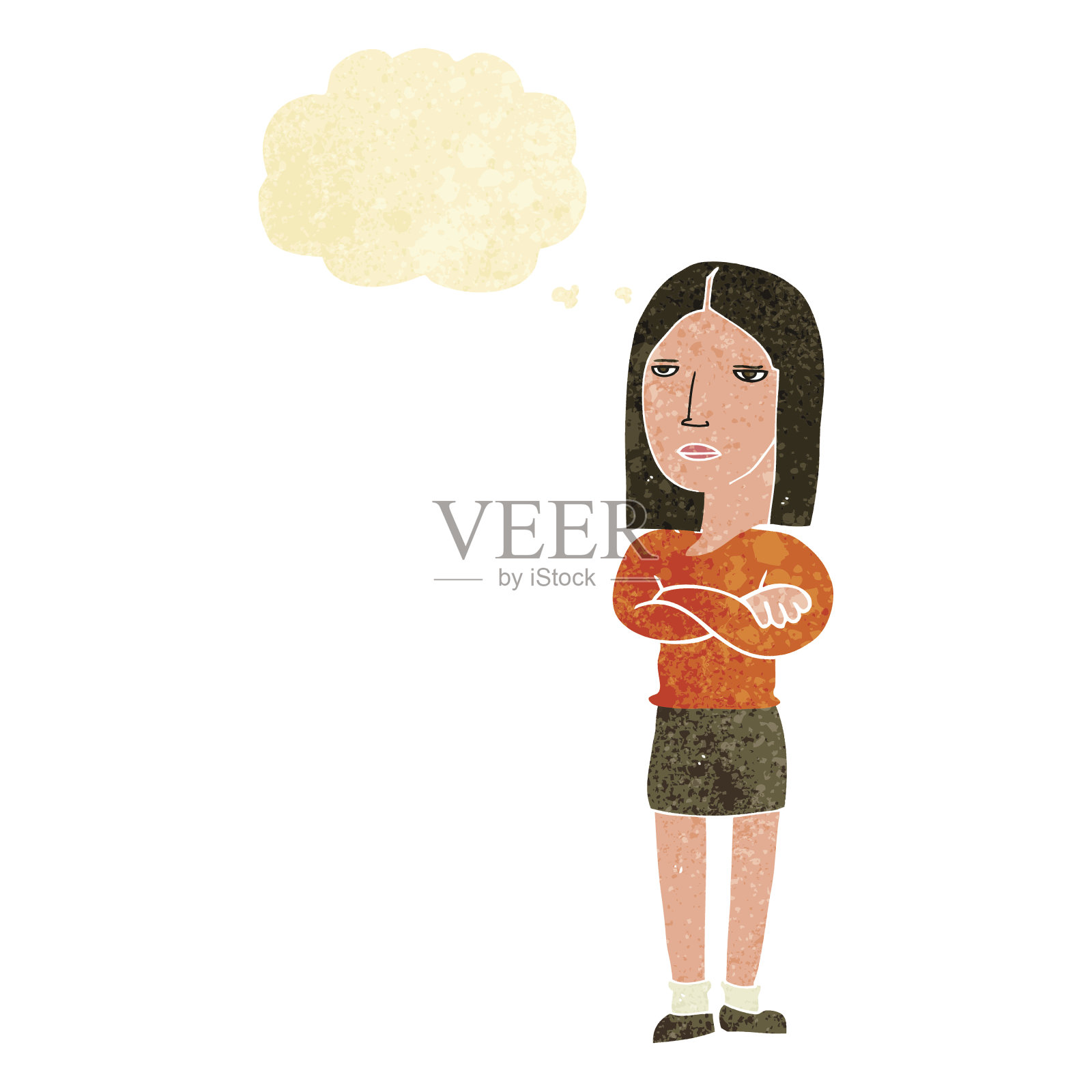 卡通女人抱着双臂带着思想泡泡插画图片素材