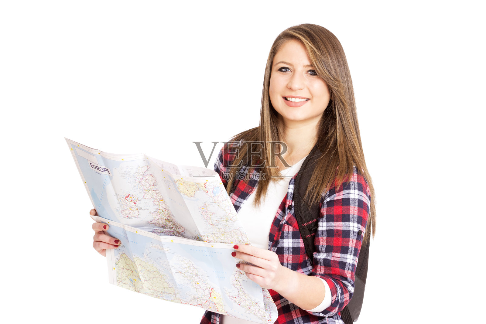 年轻漂亮的女游客看地图照片摄影图片