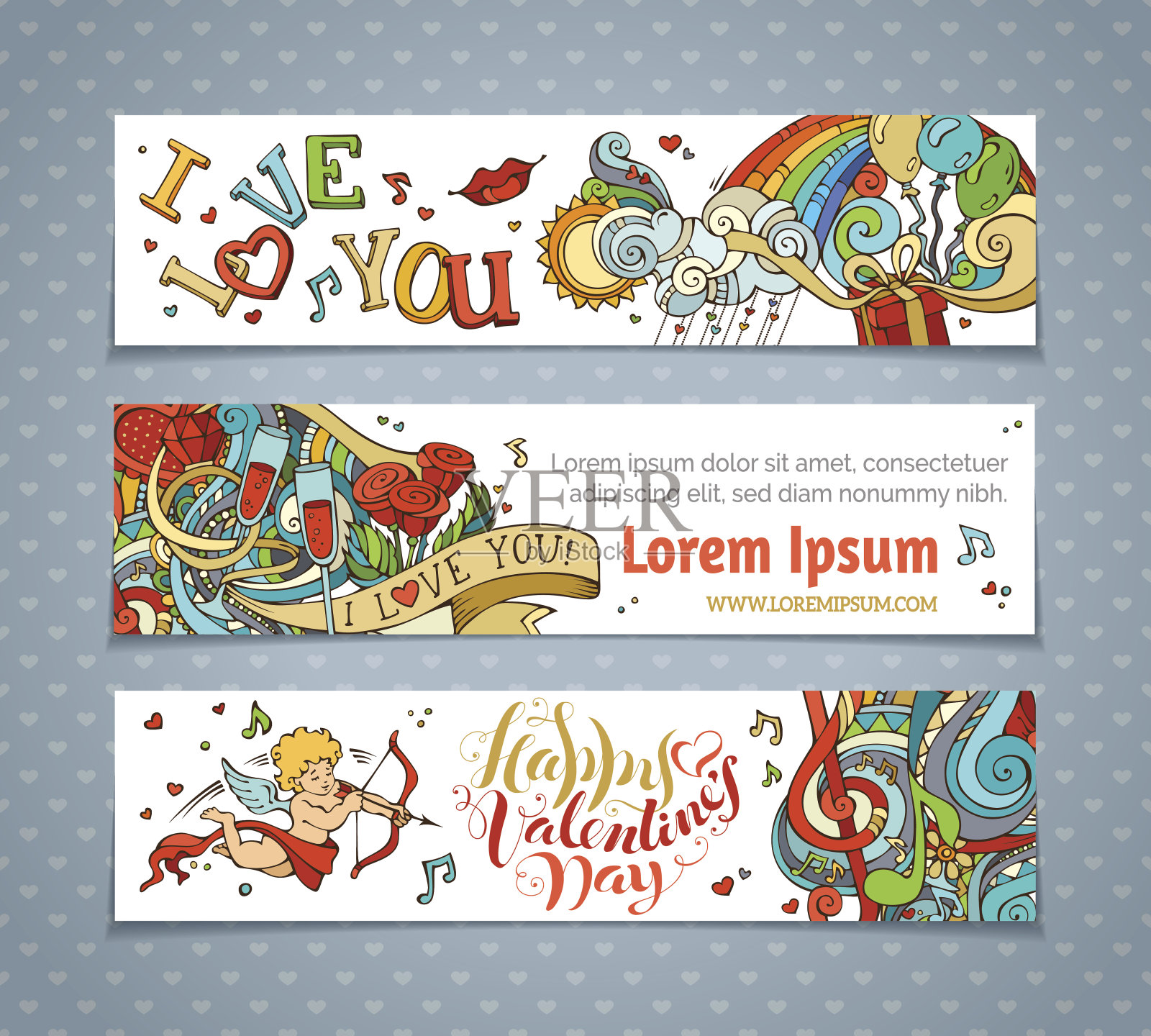 一组横向的情人节横幅。插画图片素材
