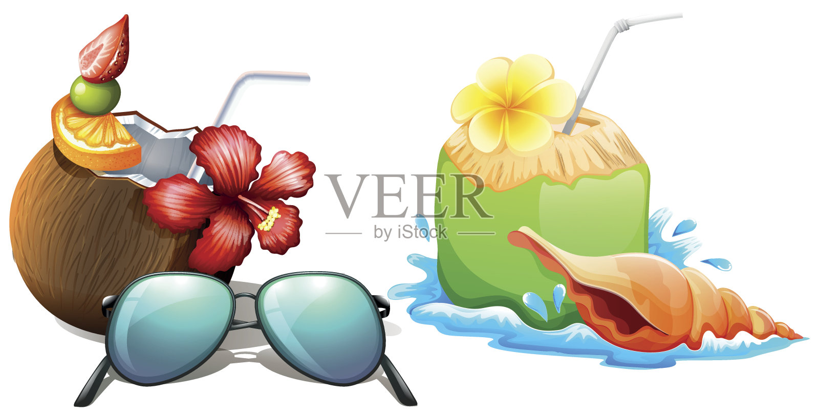 新鲜椰汁加吸管插画图片素材