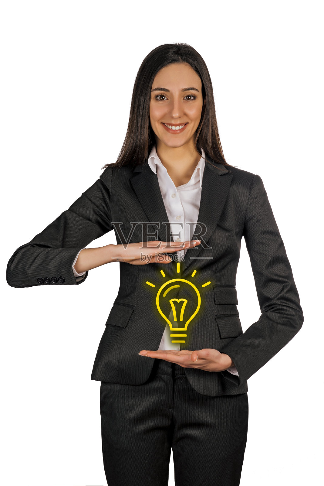 年轻的商业女性有想法的灯泡照片摄影图片