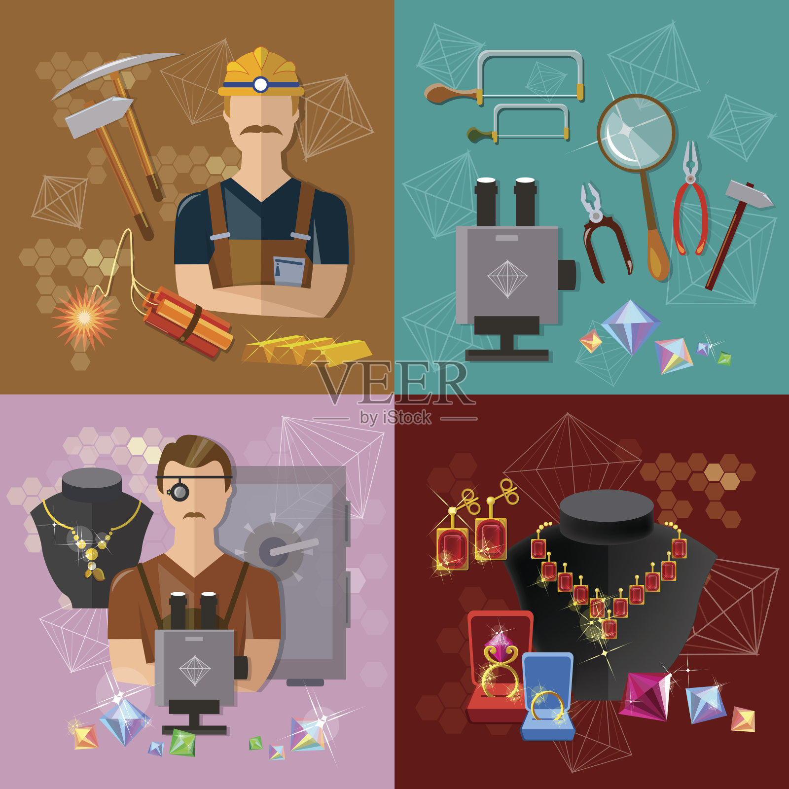 生产珠宝首饰的珠宝商在工作中开采钻石插画图片素材