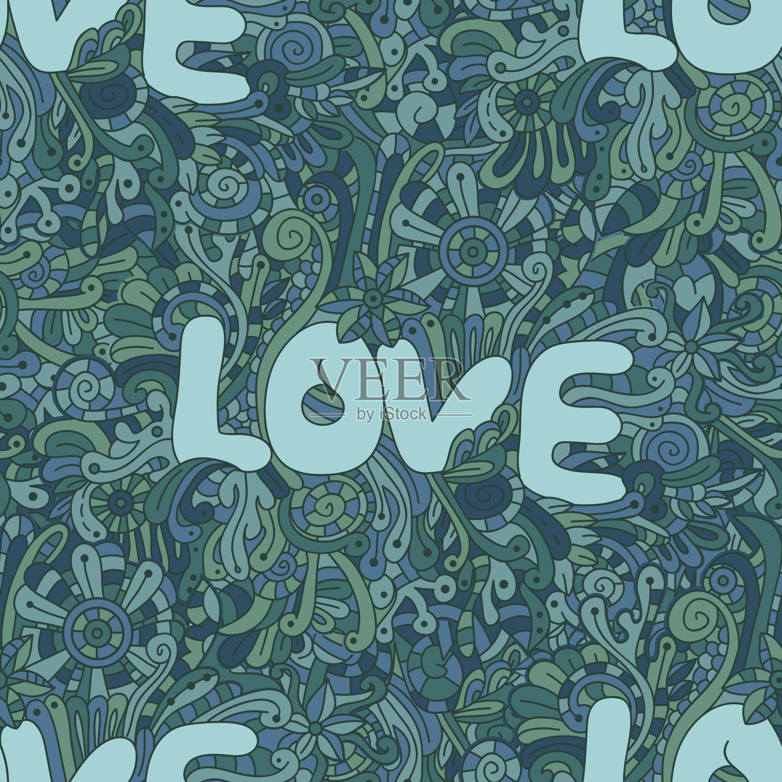 向量无缝爱纹理与抽象的花朵插画图片素材