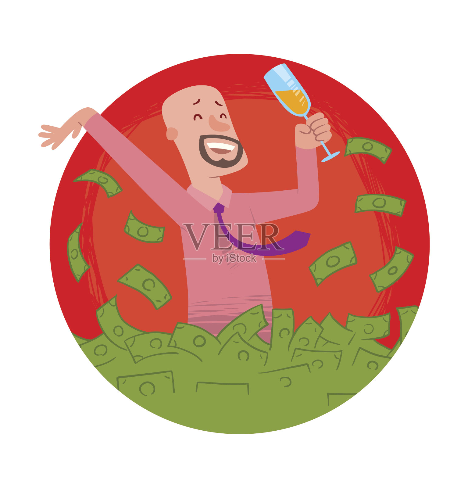 圆框,快乐的光头胡子沐浴在钱插画图片素材