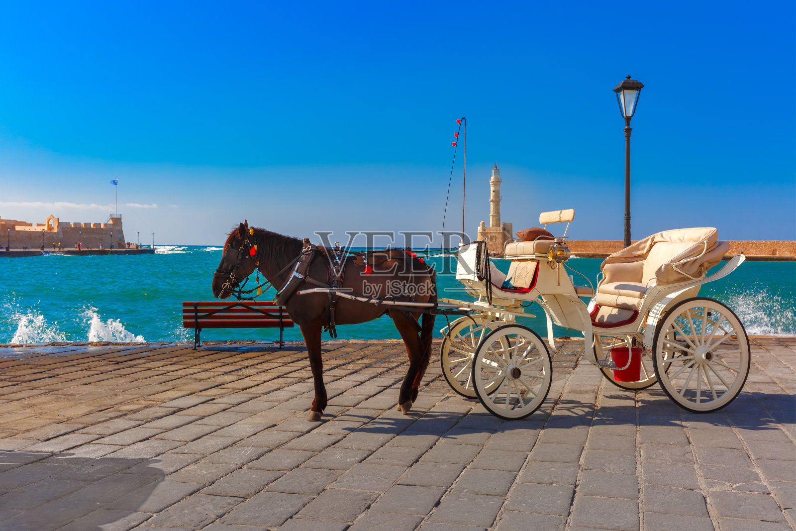 马车,旧港口,查尼亚,克里特岛,希腊照片摄影图片