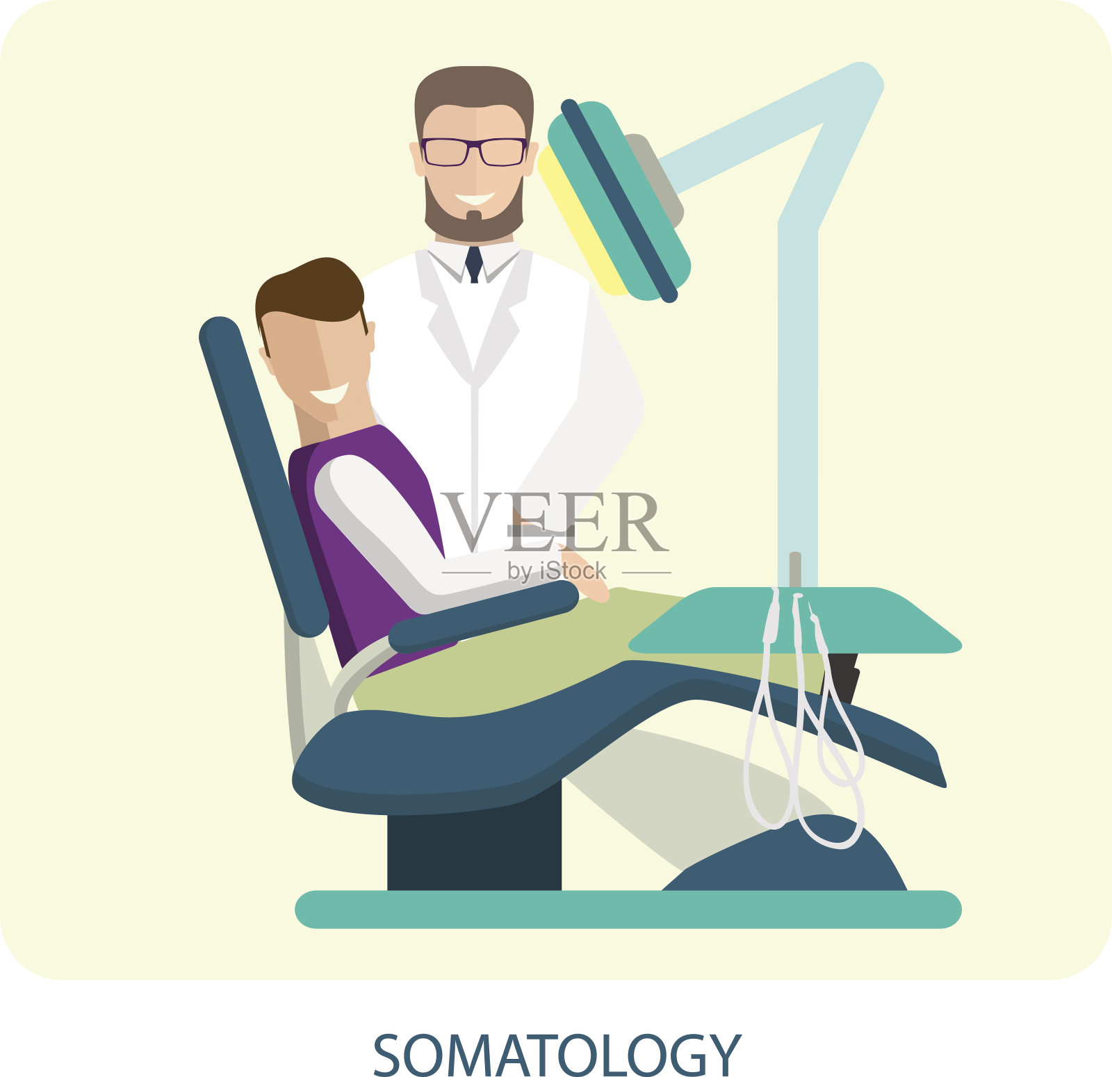 扁平彩色牙科、病人及牙科工具。向量illustrat插画图片素材