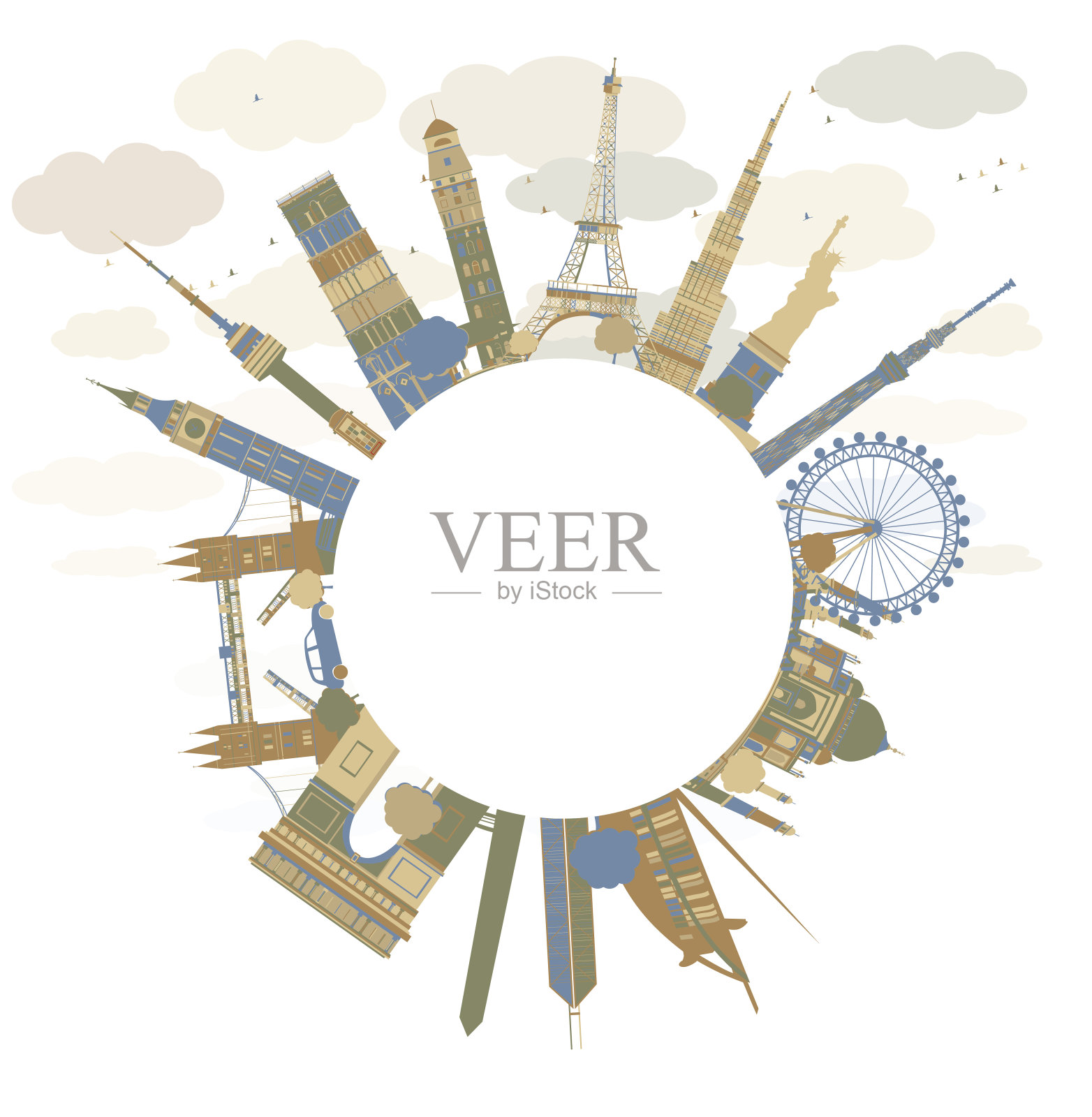 环游世界的旅游概念。国际著名地标插画图片素材