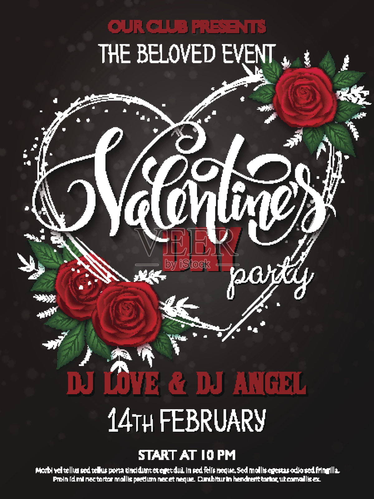 情人节派对海报与字母,玫瑰花蕾和心设计模板素材