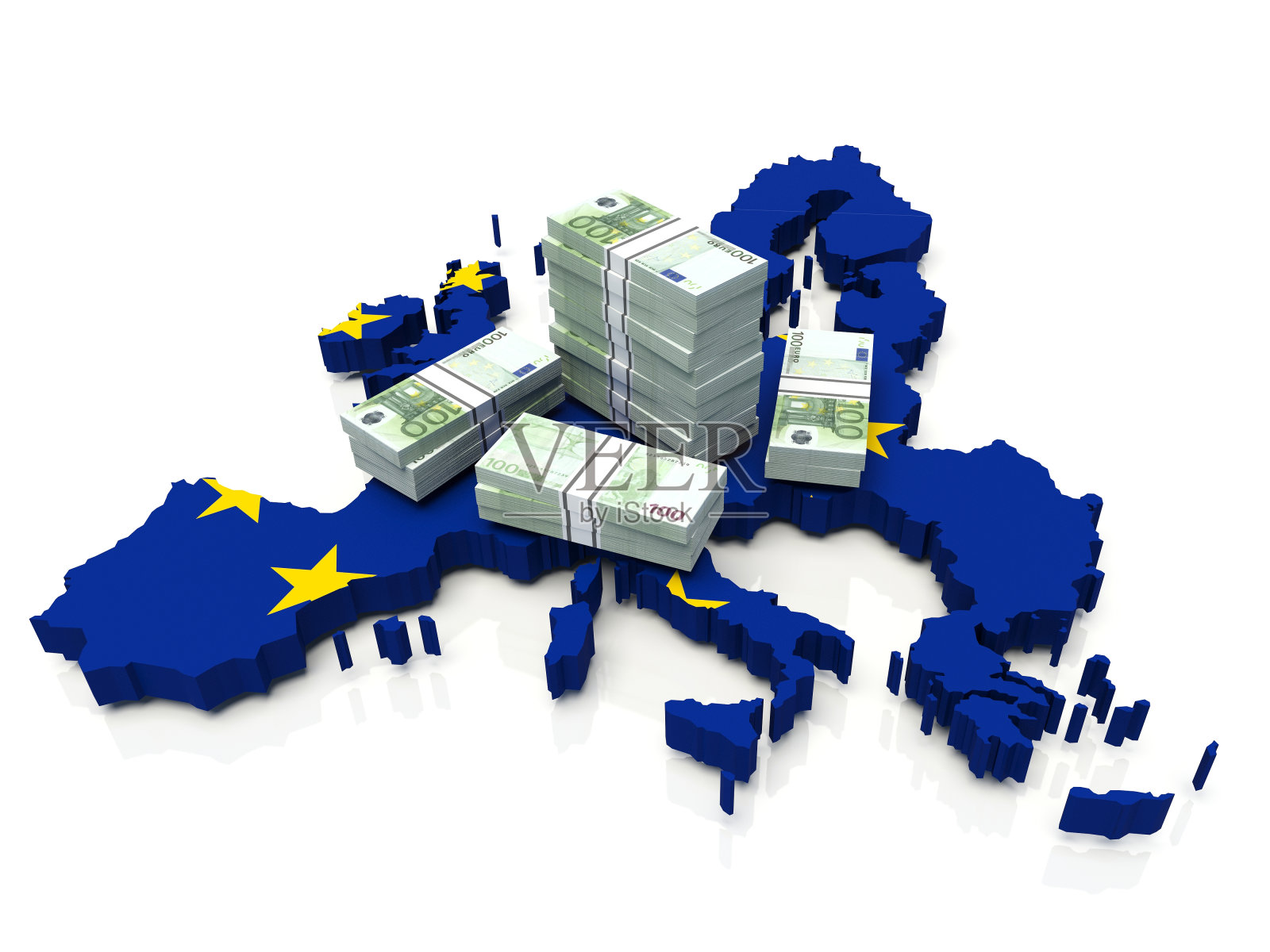 一堆钱在欧盟地图。3D插图照片摄影图片