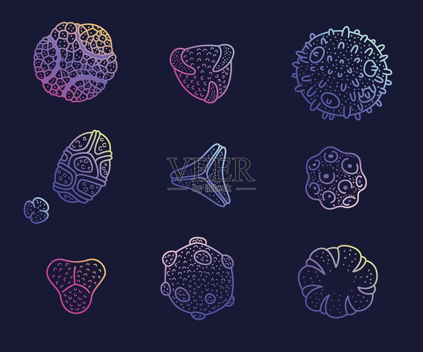 彩色花粉孢子集。插画图片素材