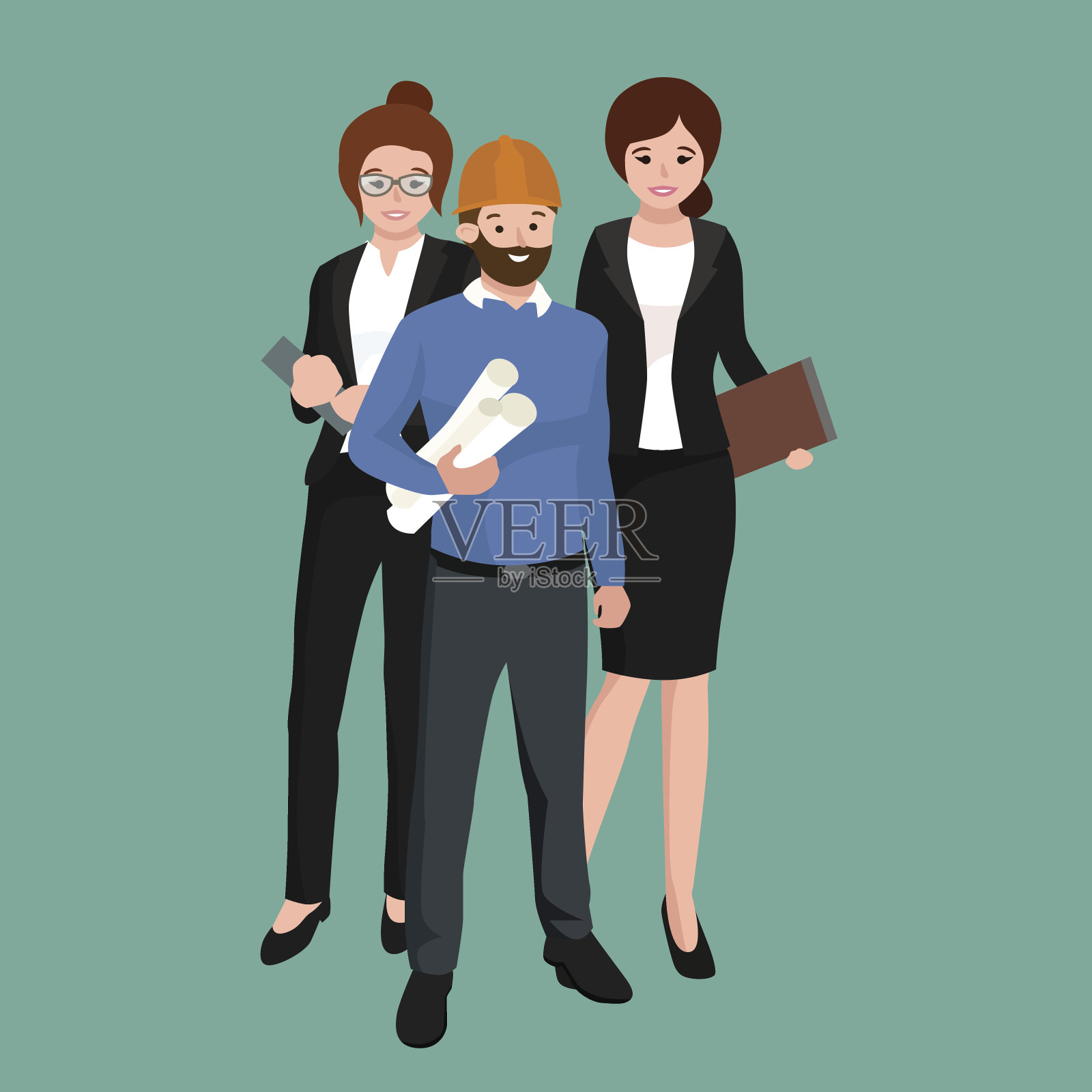 土木工程师、建筑师和建筑工人群体插画图片素材