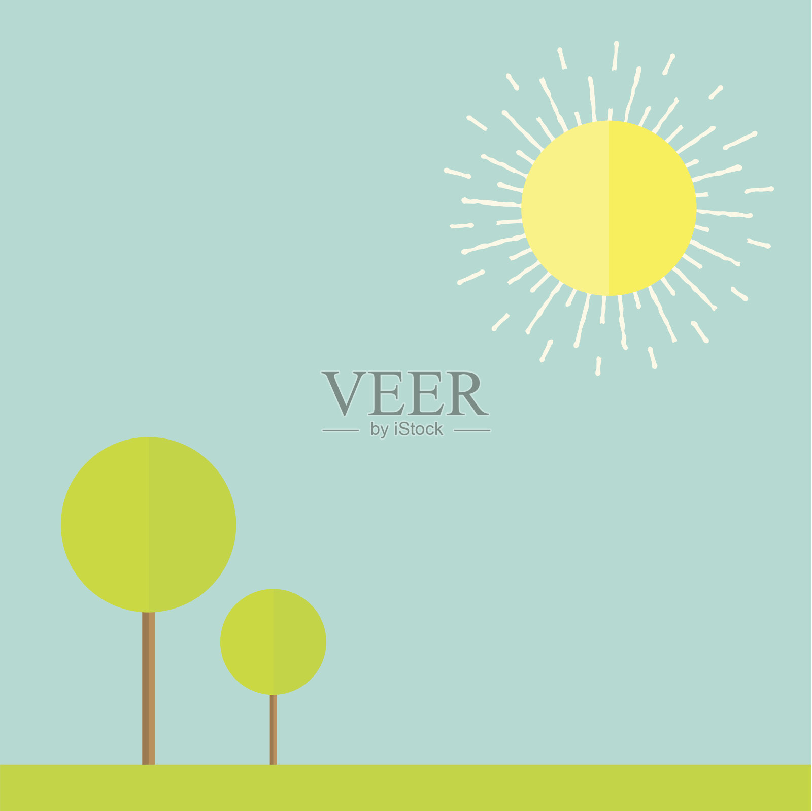 太阳,天空,树,草,鸟。夏季景观平面设计插画图片素材