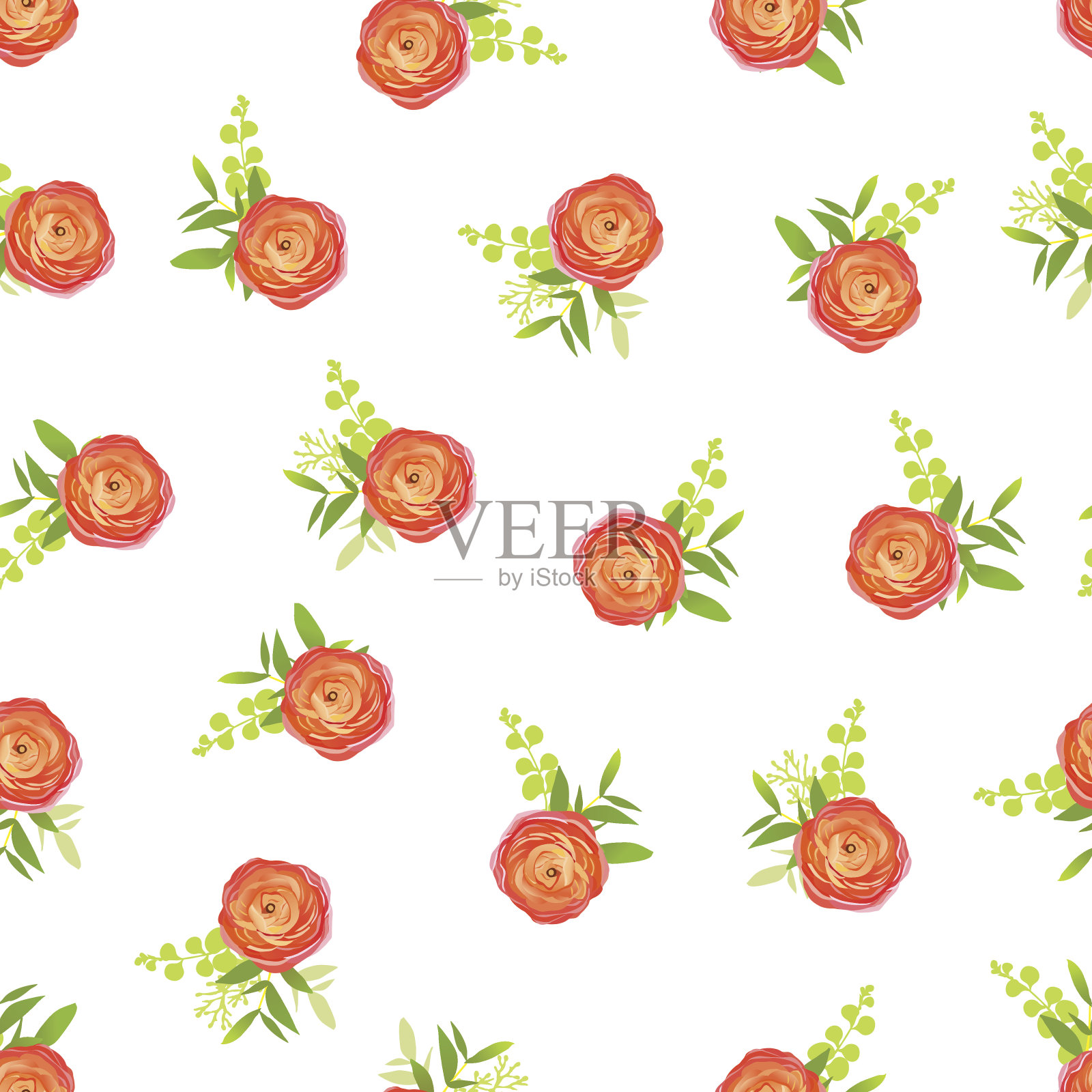 桃色毛茛花和白色背景无缝矢量打印插画图片素材