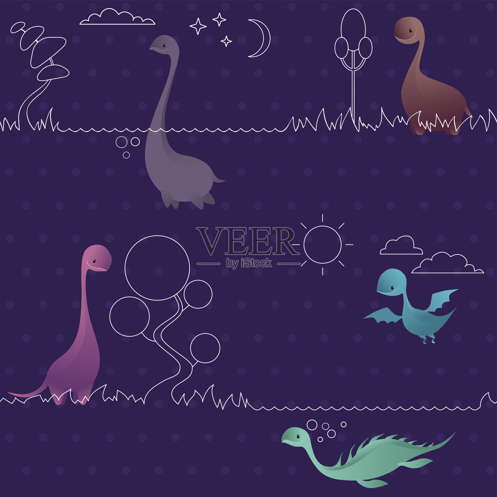 可爱有趣可爱的恐龙无缝图案。恐龙。插画图片素材